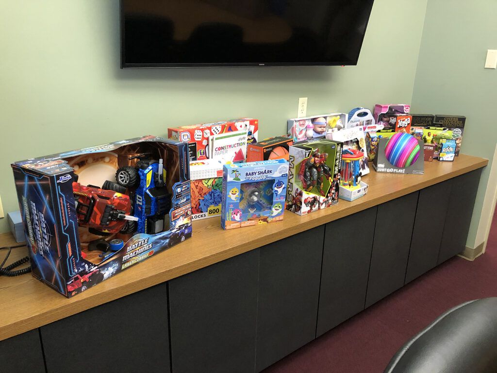 Toys piled on desk